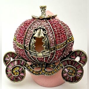 Pink “Cinderella Carriage” Brooch in Antiqued Brass